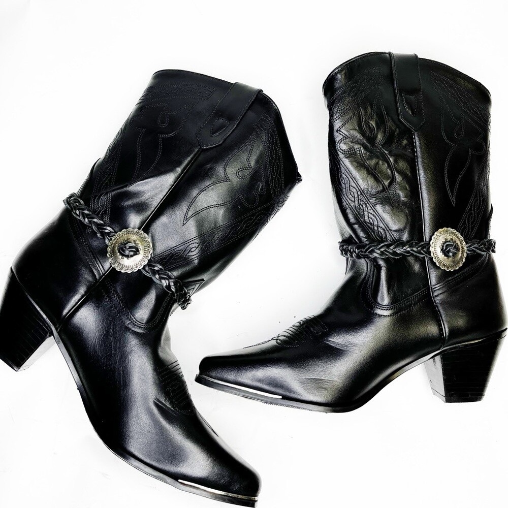 Vintage Oak Tree Farms Black Leather Western Boots -‎ Concho & Metal Toe - 7.5